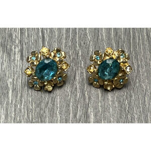 Vintage Screw Back Earrings Gold Tone Blue Rhinestone Floral Cluster Clip On